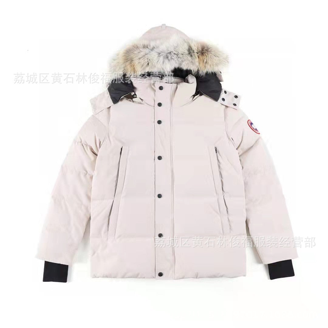 Black parka with removable fur-trimmed hood and button front