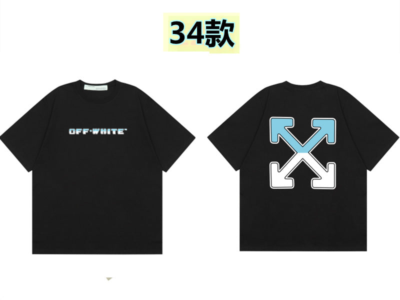 Round neck short sleeve cotton t-shirt with front 'Off' print and large back arrow graphic