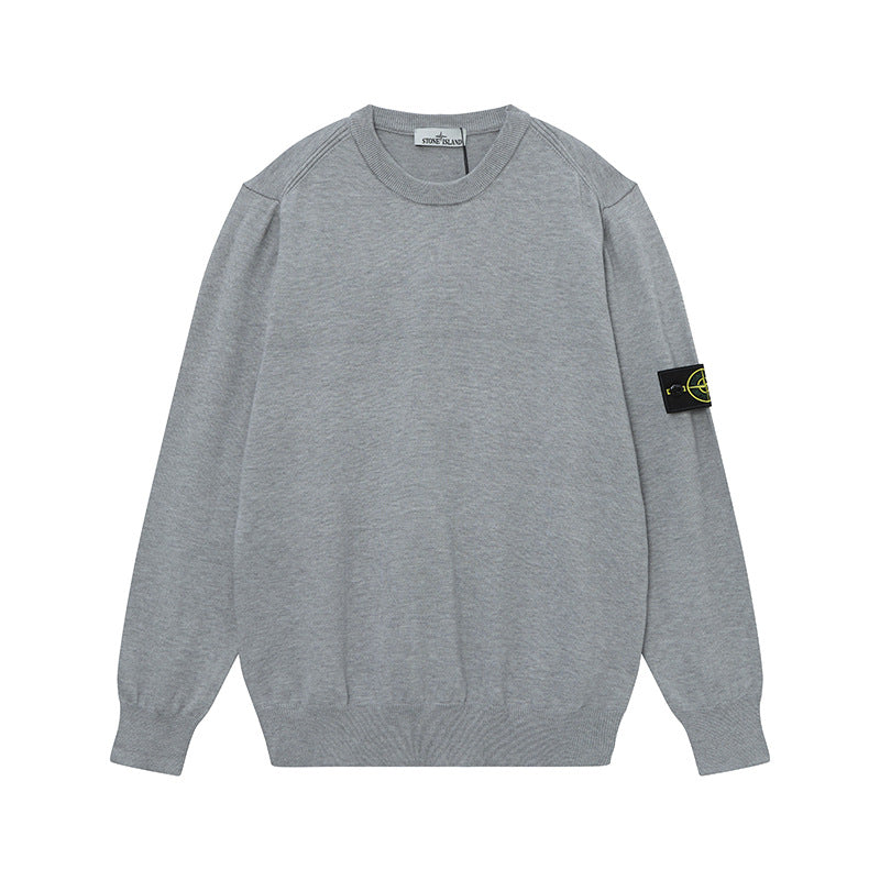 Ribbed Wool Crew Neck Sweatshirt in Light Gray with Embroidered Sleeve Detail