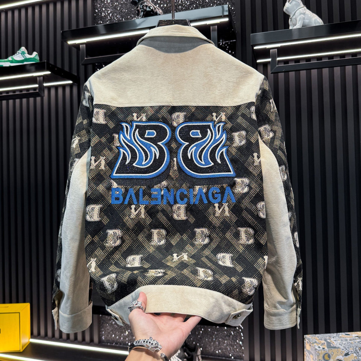 Black and Beige Patchwork Embroidered Baseball Jacket