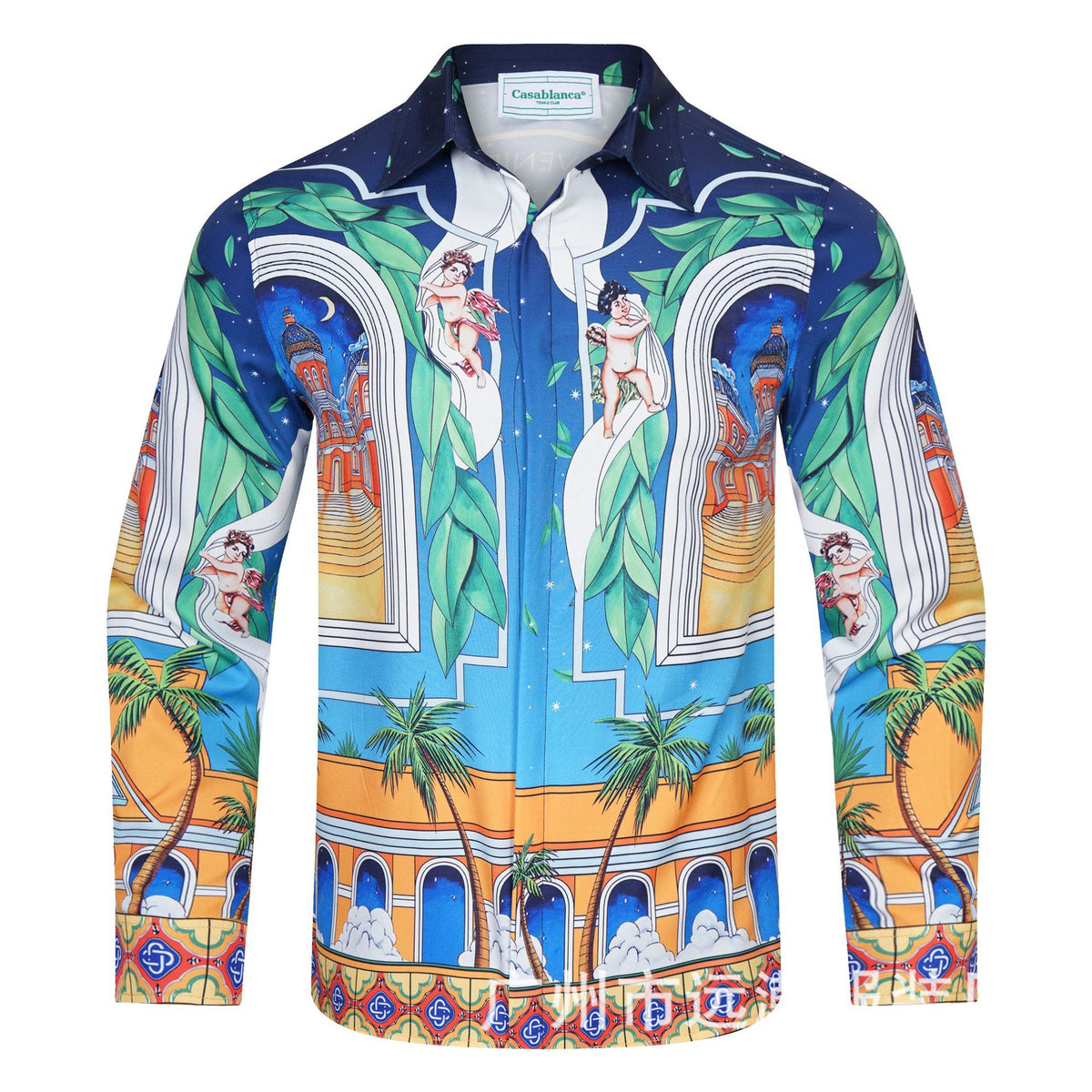 Long-sleeve checkered shirt with tropical graphic print and pastel trim