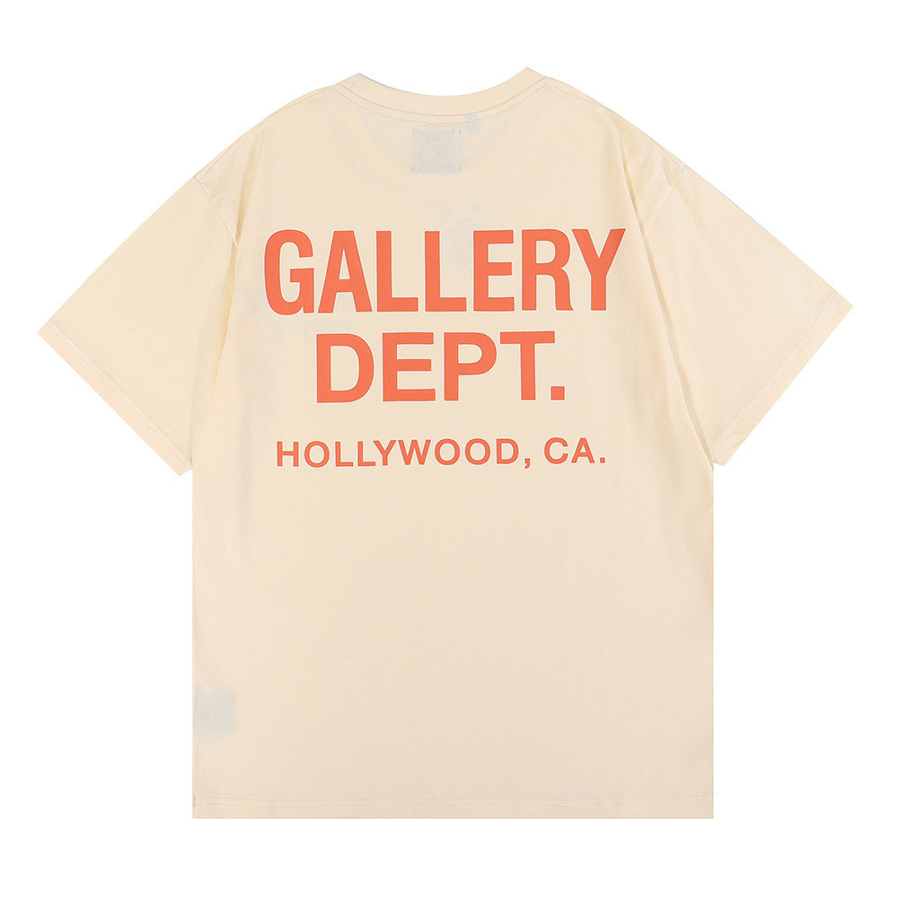 Cotton Crew Neck T-Shirt with Retro Letter Print in Solid Colors