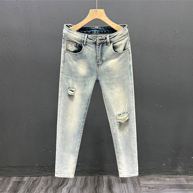 Dark Blue Patchwork Cuffed Slim Fit Denim Jeans
