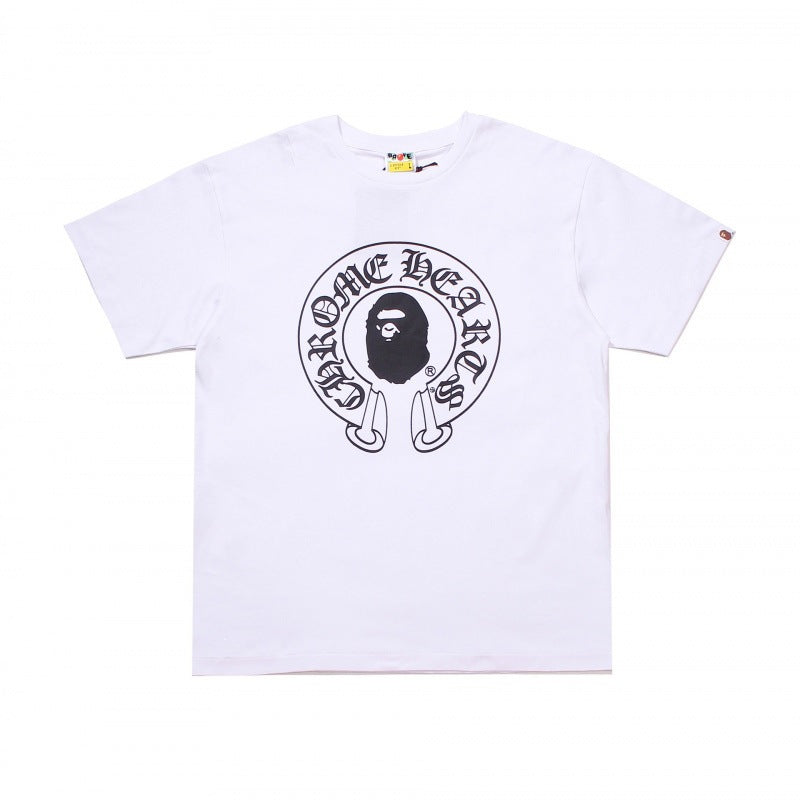 Plaid-pattern cotton short sleeve tee with graphic print