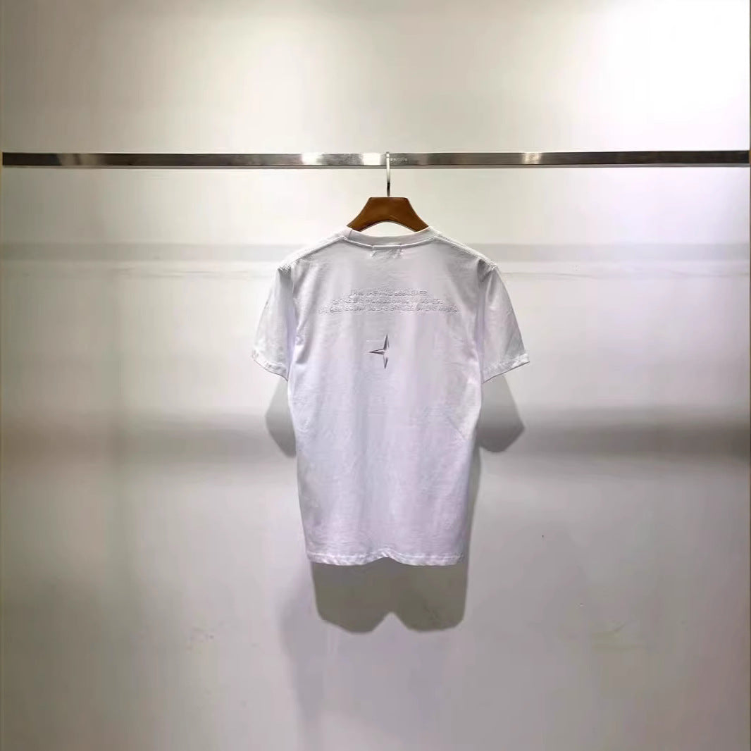 Crew-neck short-sleeve cotton T-shirt with embroidered star motif and reflective thread detail