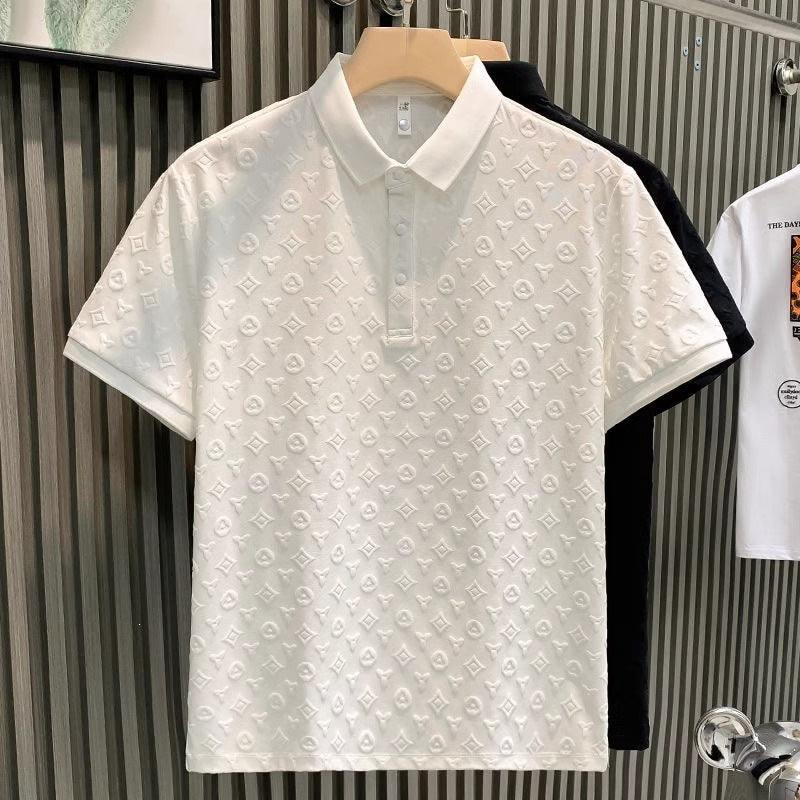 Black and White Jacquard-Textured Relaxed-Fit Breathable Polo Shirt