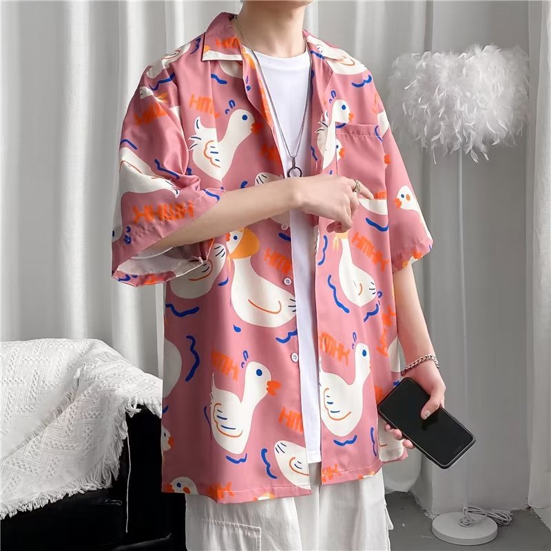 Tropical leaf print short sleeve button up shirt