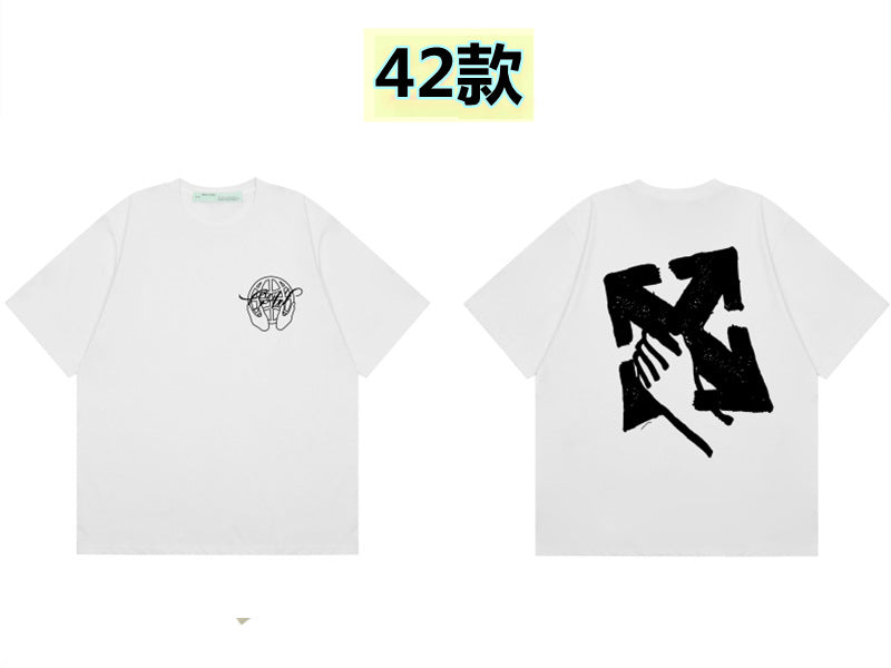 Round neck short sleeve cotton t-shirt with front 'Off' print and large back arrow graphic