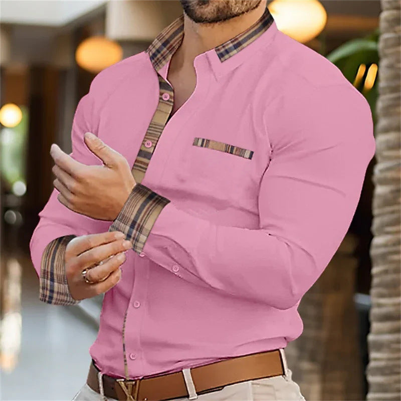 Minimalist long sleeve button-up shirt with plaid collar and cuffs