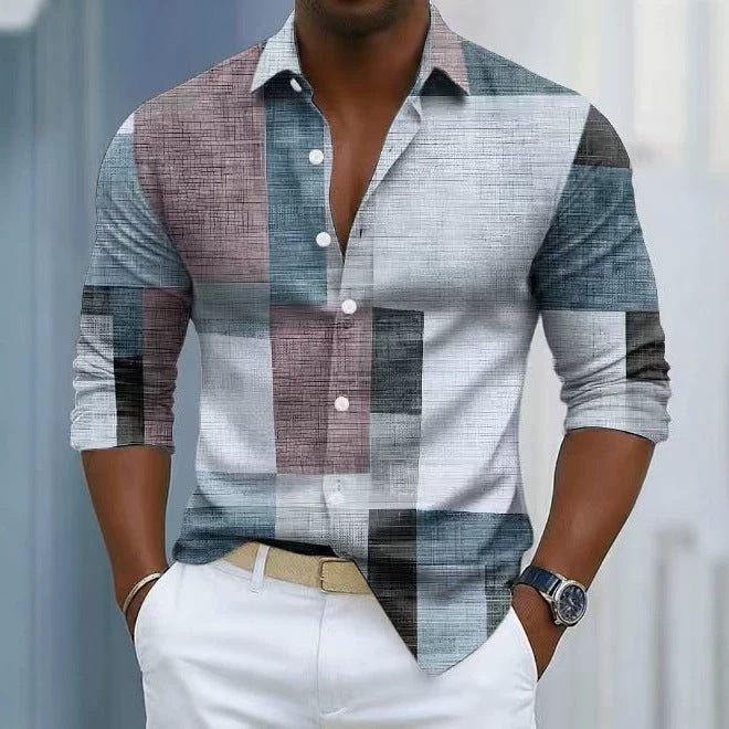 Beige and brown plaid long-sleeve cotton button-up shirt