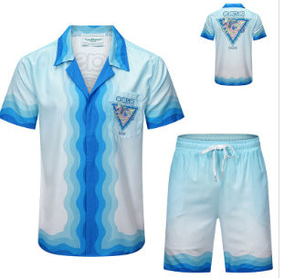 Abstract Wave Print Short Sleeve Cotton Shirt