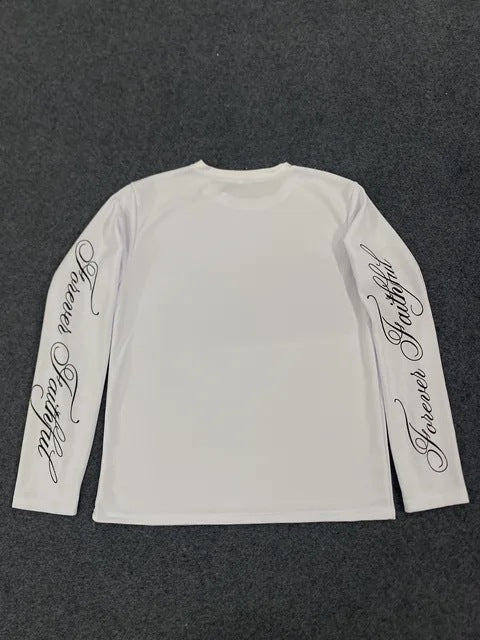 Oversized long-sleeve tee with 'Forever Faithful' cursive script