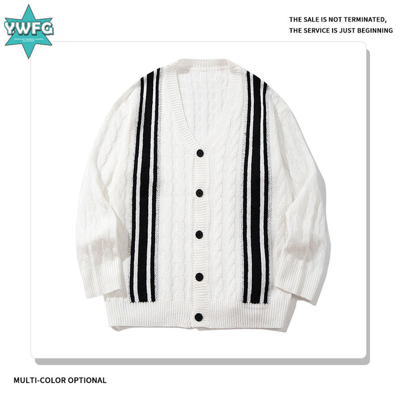 Cable-knit V-neck cardigan with black vertical stripes