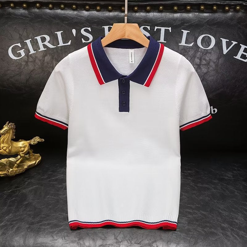 Colorblock knit polo shirt with contrast collar and cuffs