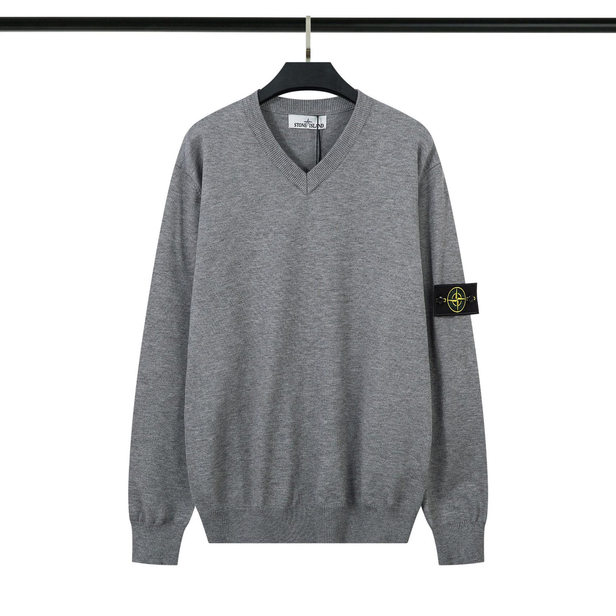 Ribbed Wool Crew Neck Sweatshirt in Light Gray with Embroidered Sleeve Detail