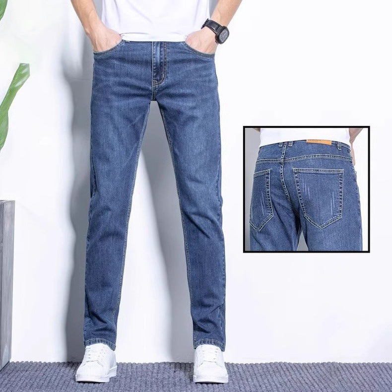 Lightweight stretch denim jeans with slim fit and tapered leg