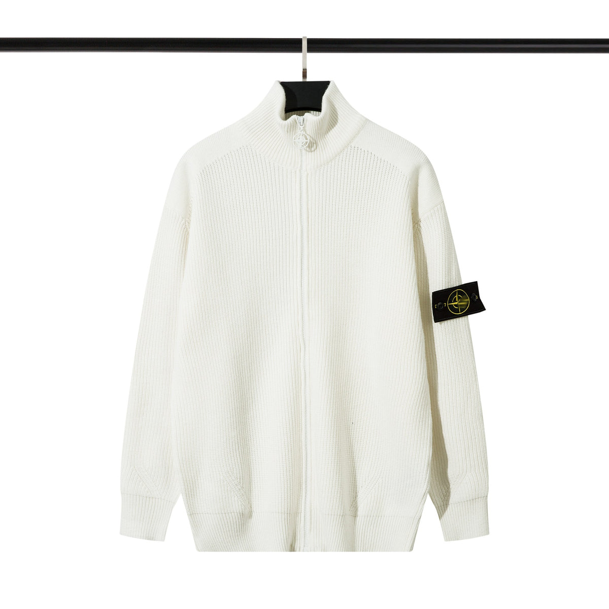 Ribbed Wool Crew Neck Sweatshirt in Light Gray with Embroidered Sleeve Detail