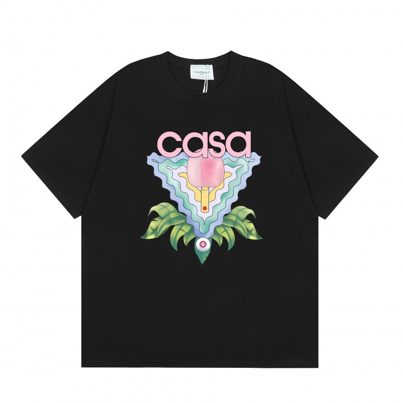 Loose-fit short sleeve t-shirt with blue and white floral script print