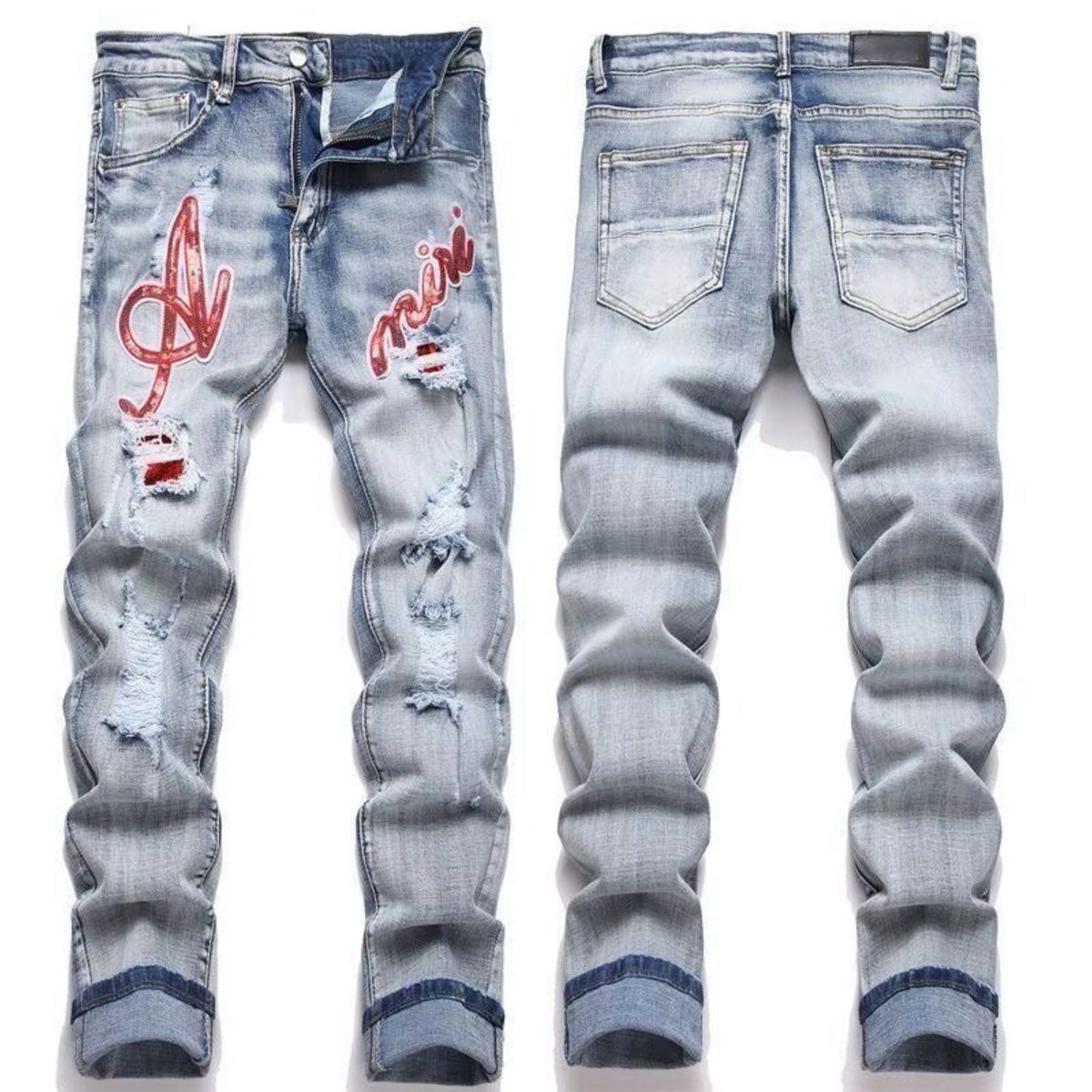 Distressed Straight-Leg Denim Jeans in Blue Black Gray or White