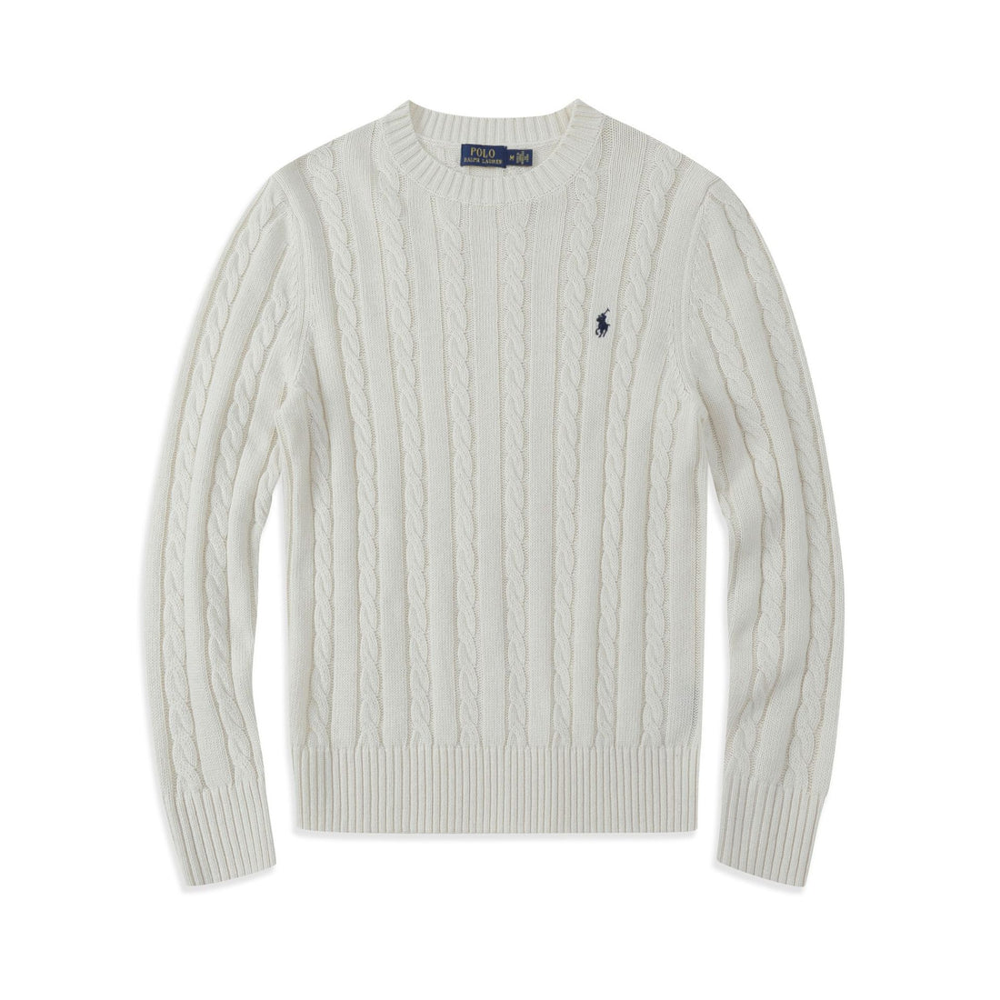 Cable-knit crew neck and V-neck sweater in cotton blend