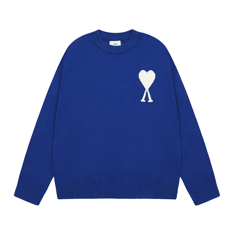 Men's round neck knit sweater with heart embroidery