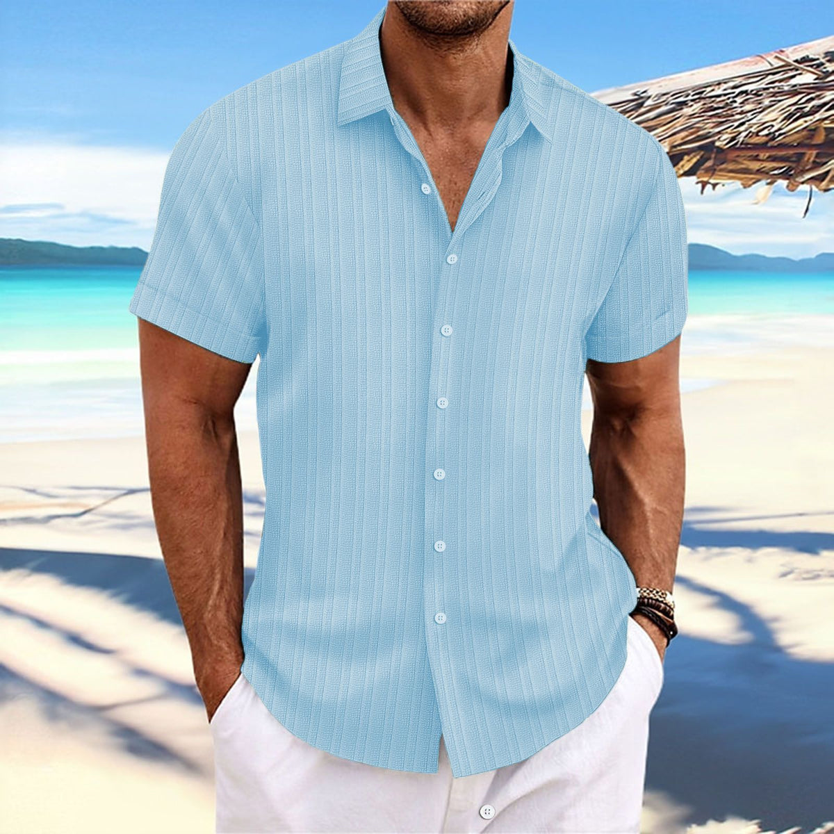 Jacquard striped short-sleeve cotton linen shirt