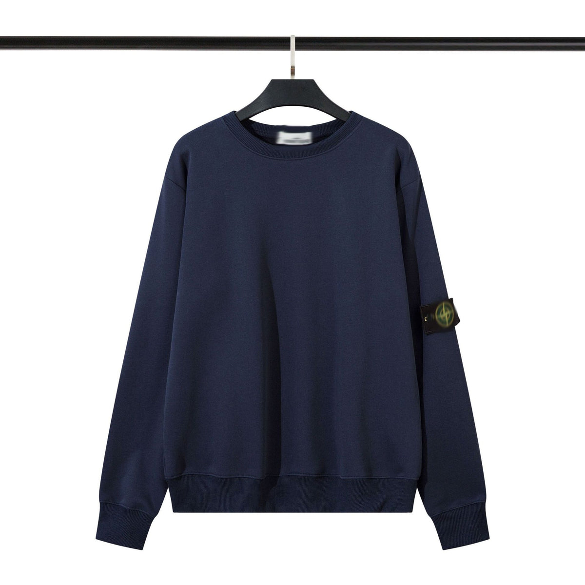 Solid-color hooded zip-up jacket with embroidered badge