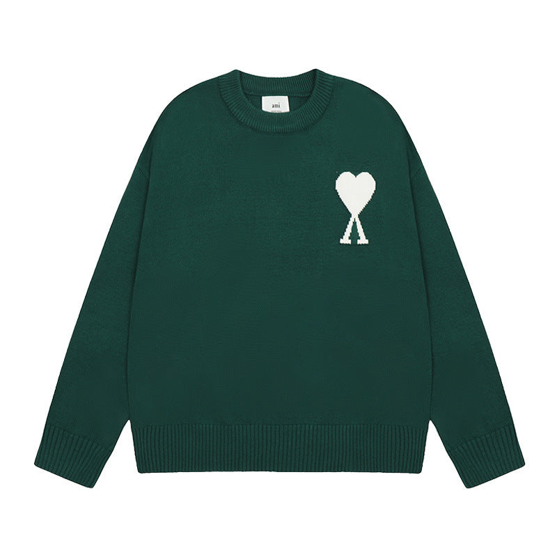 Men's round neck knit sweater with heart embroidery