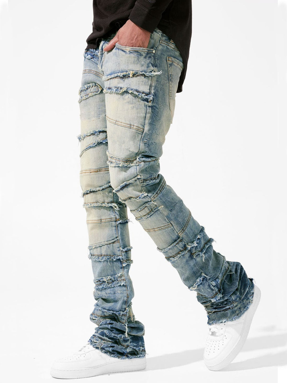 Distressed Patchwork Denim Straight Leg Jeans