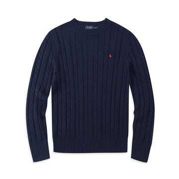 Navy Cable-Knit Crew Neck Pullover Sweater