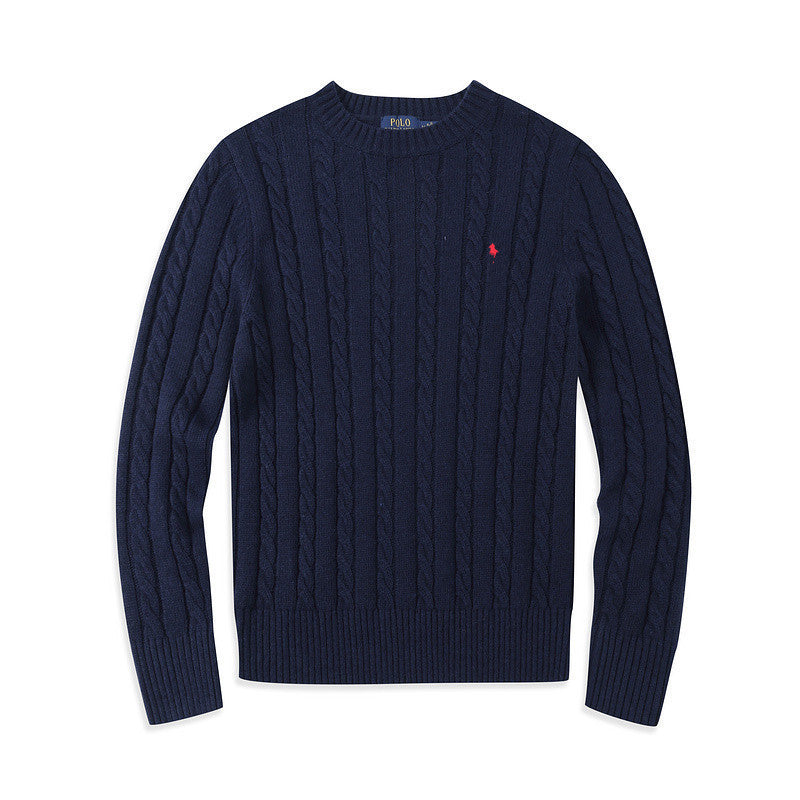 Navy Cable-Knit Crew Neck Pullover Sweater
