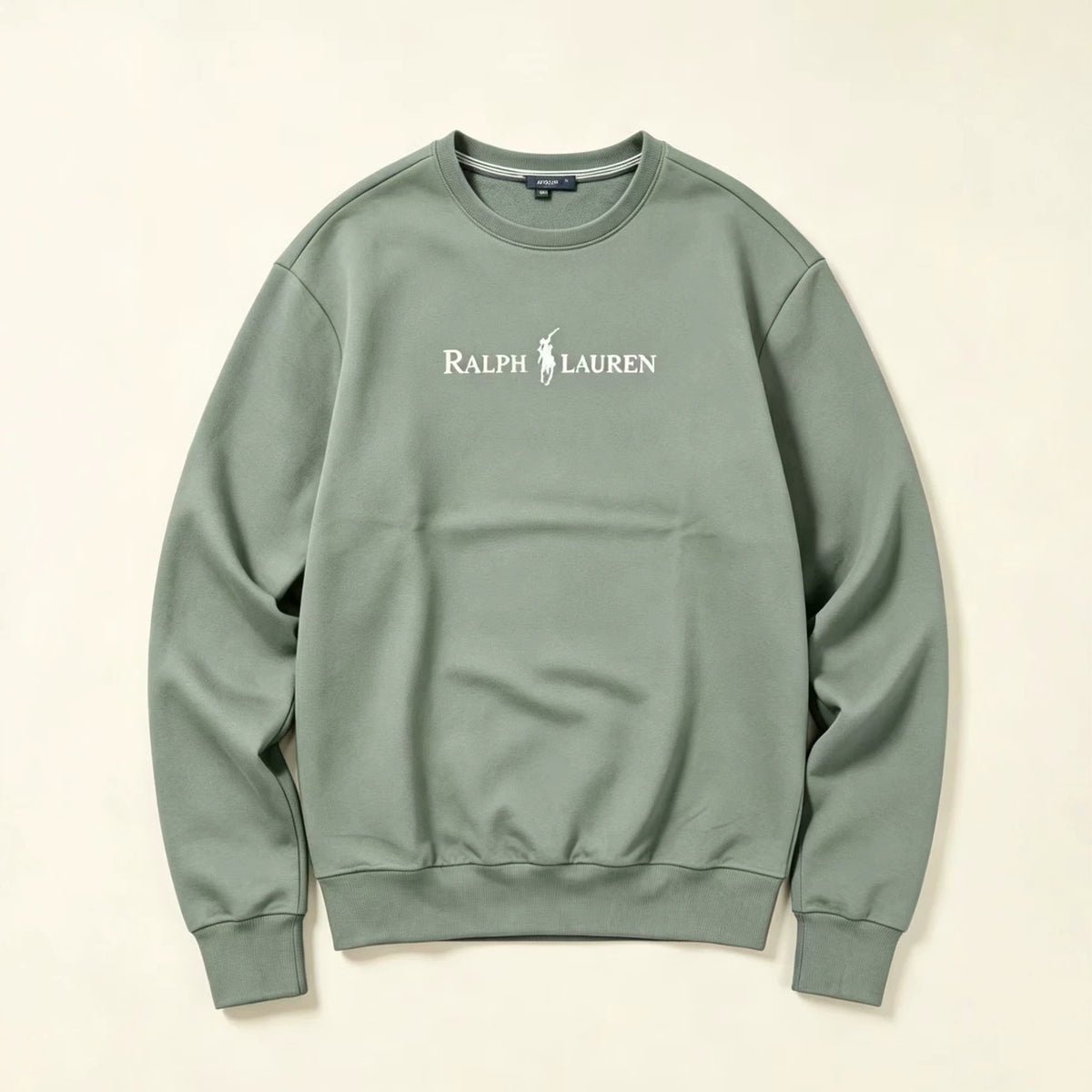 Navy Blue and Sage Green Relaxed-Fit Cotton Sweatshirt with Ribbed Cuffs and Hem