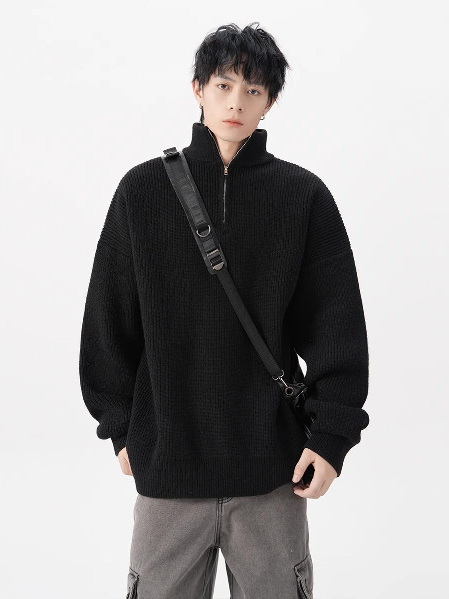 Men's Gray Ribbed Knit Half-Zip Mock Neck Sweater with Drop Shoulders and Oversized Loose Fit
