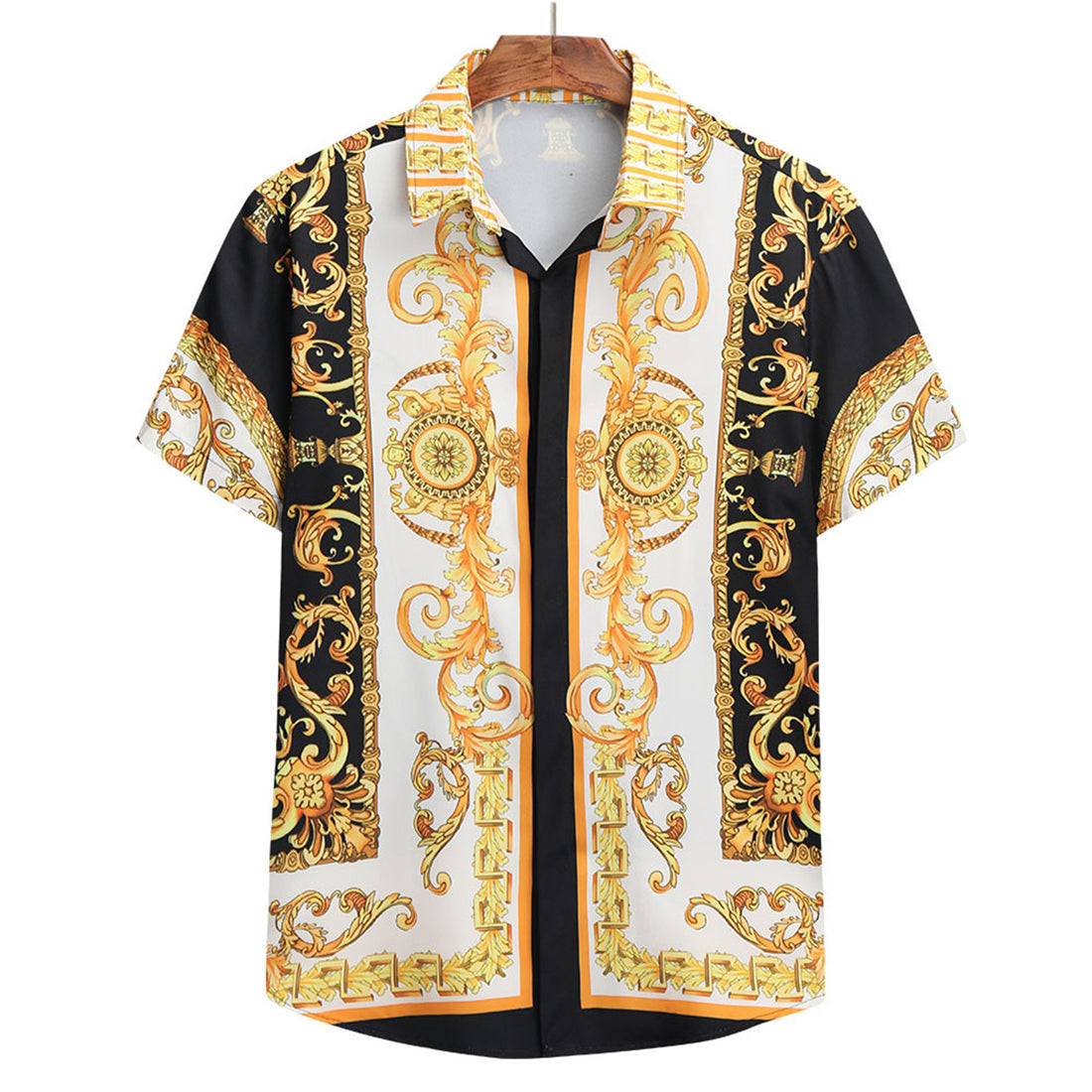 Baroque-print short-sleeve cotton button-up shirt in brown gold white orange