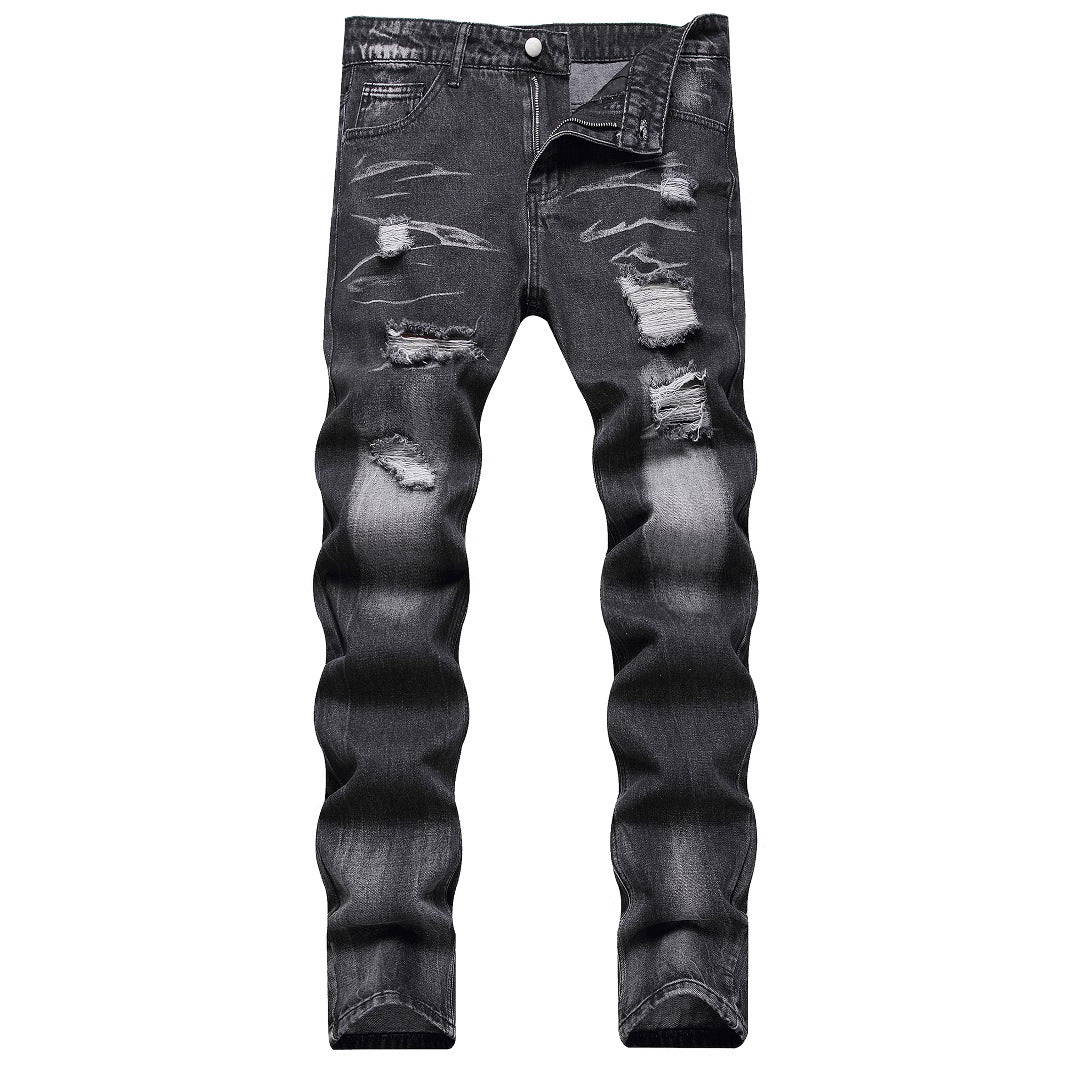 Charcoal Ripped Straight-Leg Slim-Fit Non-Stretch Denim Jeans