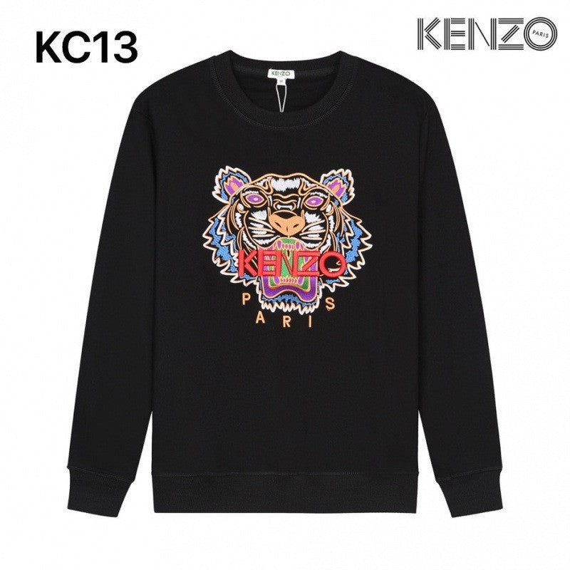 Black Terry Crewneck Sweatshirt with Embroidered Tiger Motif