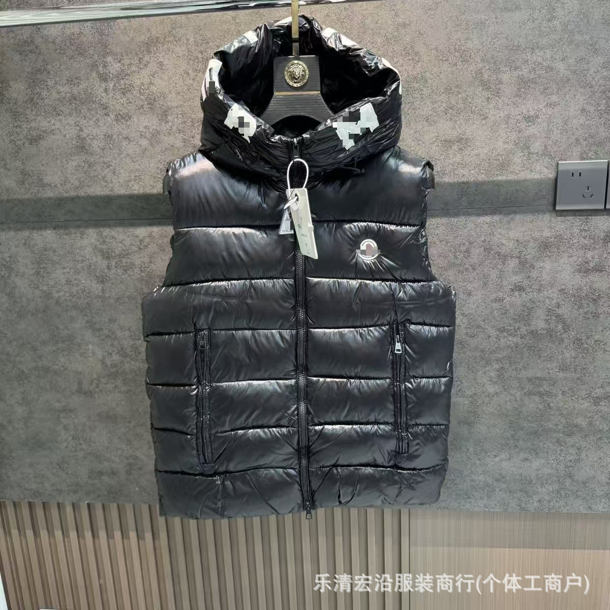 Ribbed Black Puffer Vest with Diagonal Zipper and Stand Collar