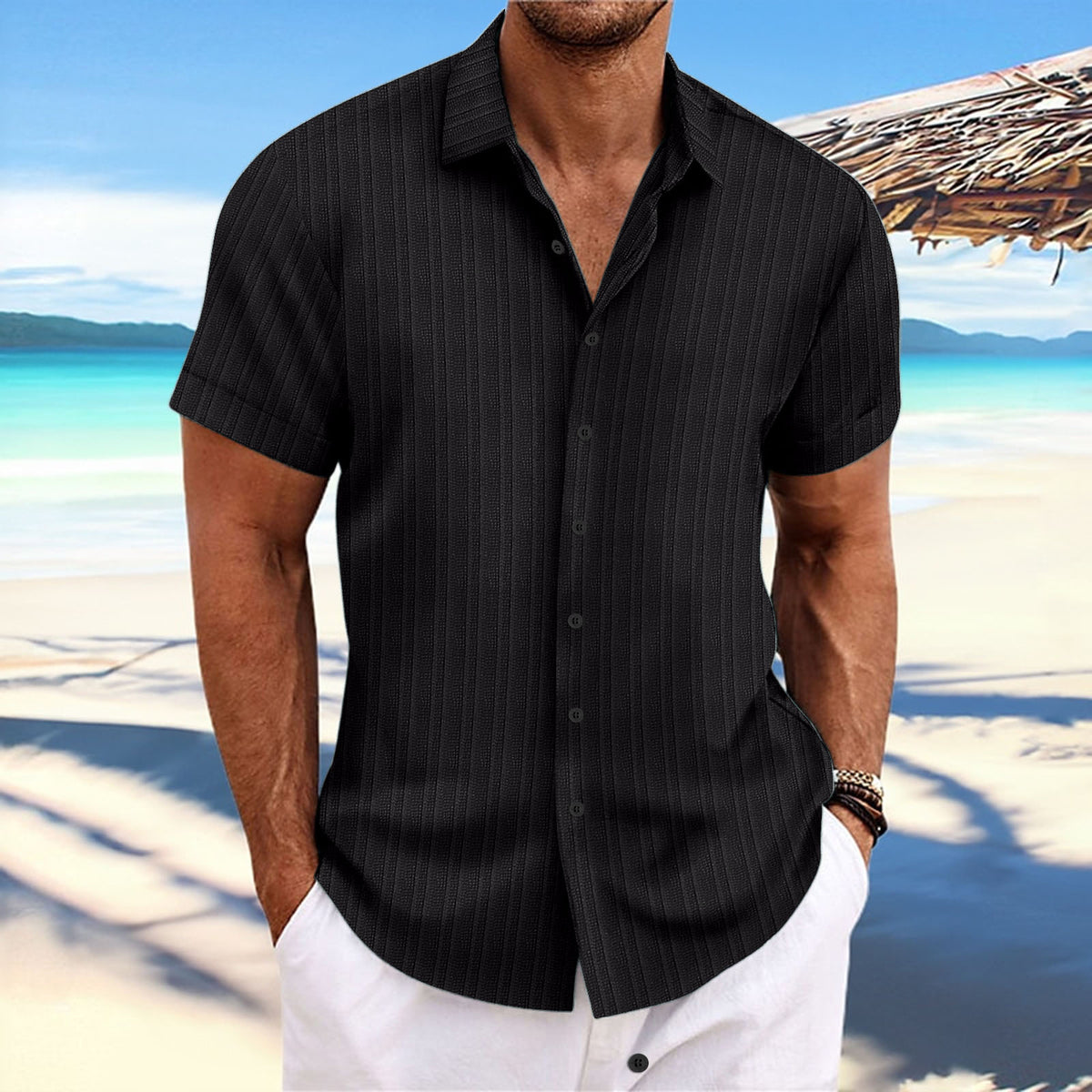 Jacquard striped short-sleeve cotton linen shirt