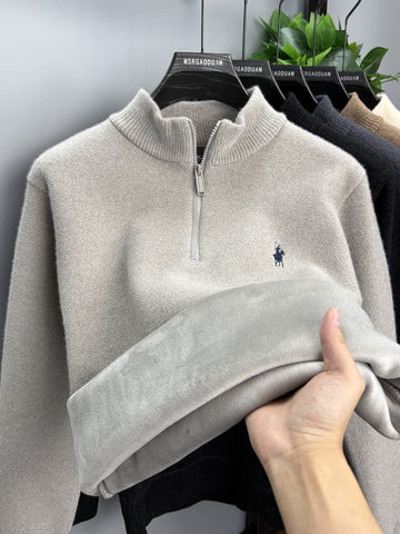Camel Rib-Knit Half-Zip Sweater with Textured Cable Pattern
