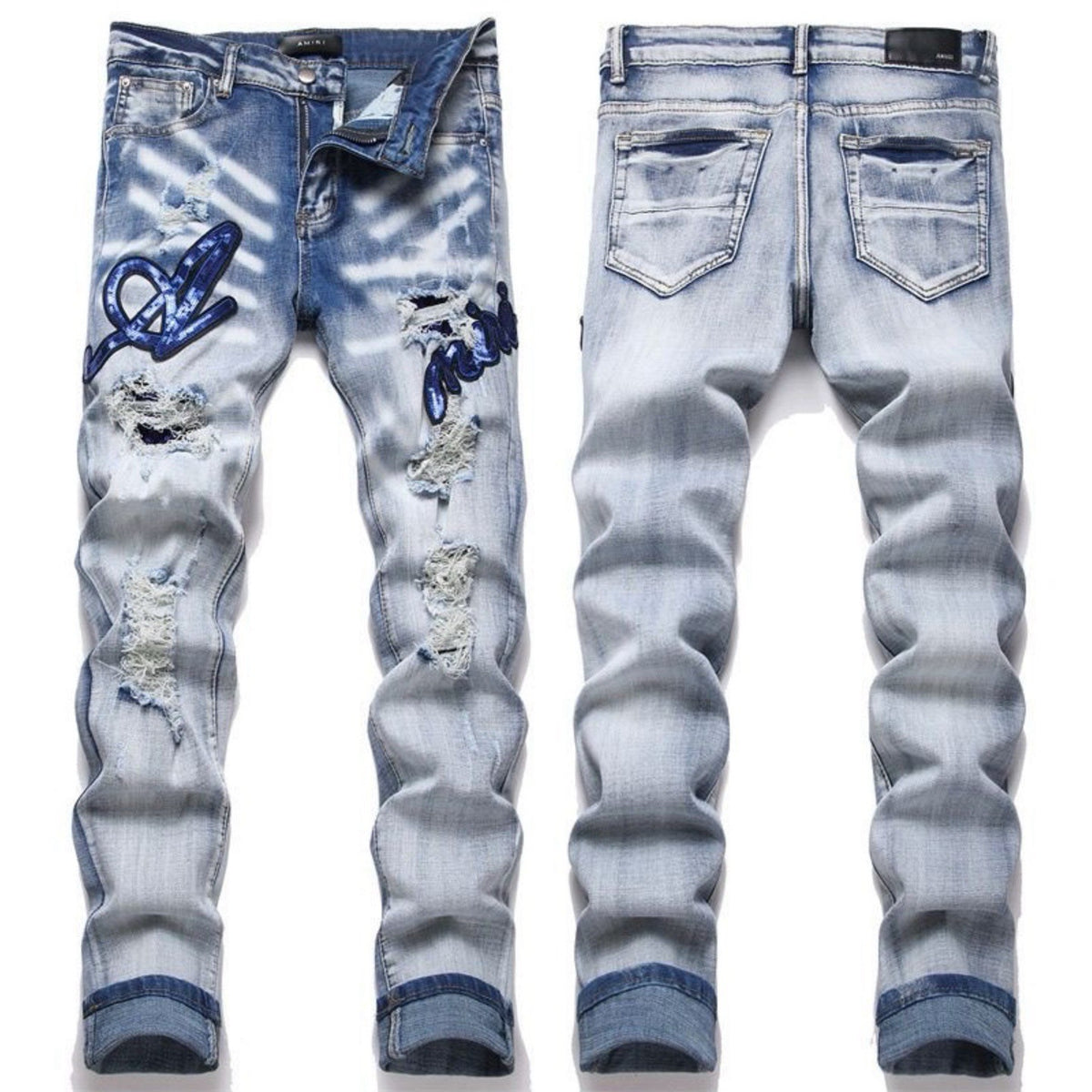 Distressed Straight-Leg Denim Jeans in Blue Black Gray or White