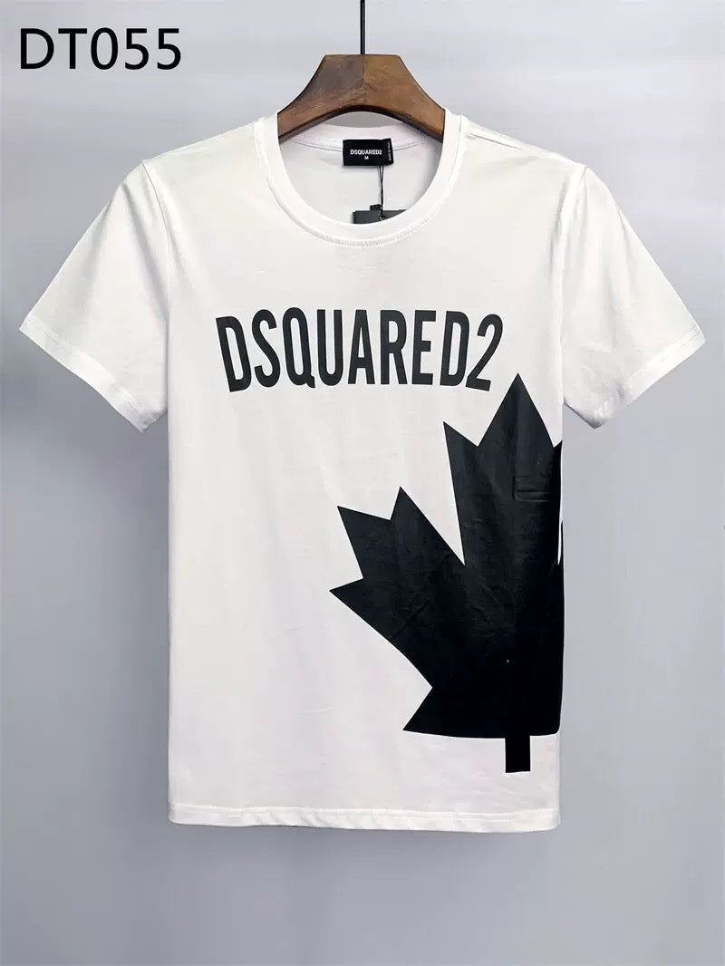 Black Red White Short-Sleeve Crewneck Cotton T-Shirt with Maple Leaf Graphic
