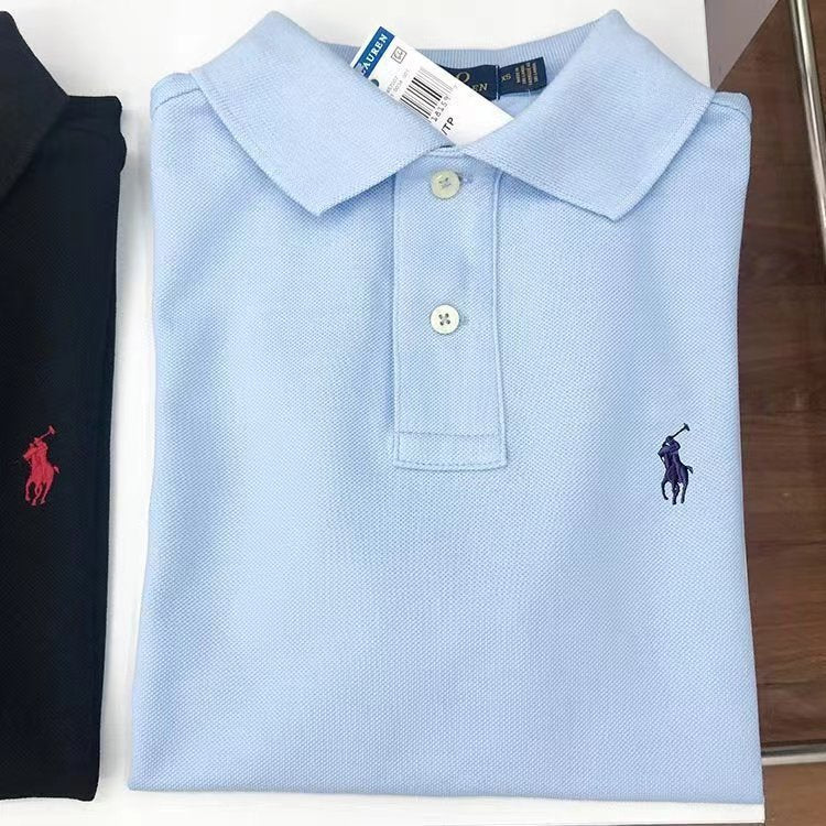 Black Blue White Short Sleeve Pique Cotton Polo Shirt with Turn-Down Collar