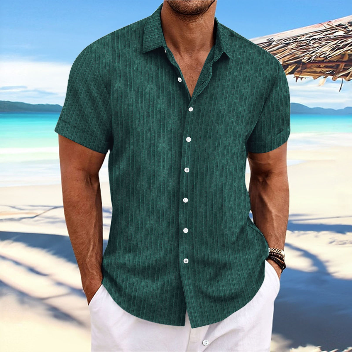 Jacquard striped short-sleeve cotton linen shirt