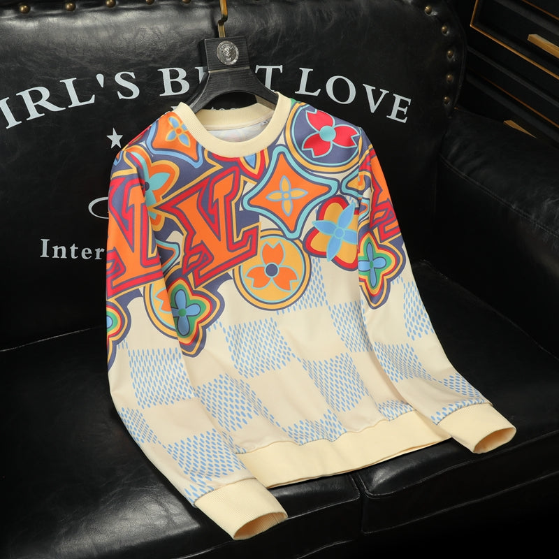 Floral and star print sweatshirt with blue check lower half