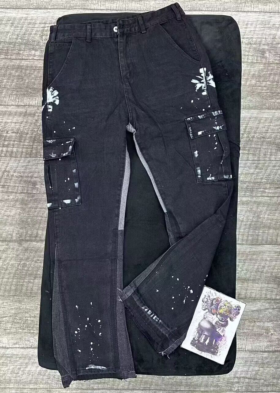 Black and Blue Paint-Splatter Side-Stripe Baggy Jeans