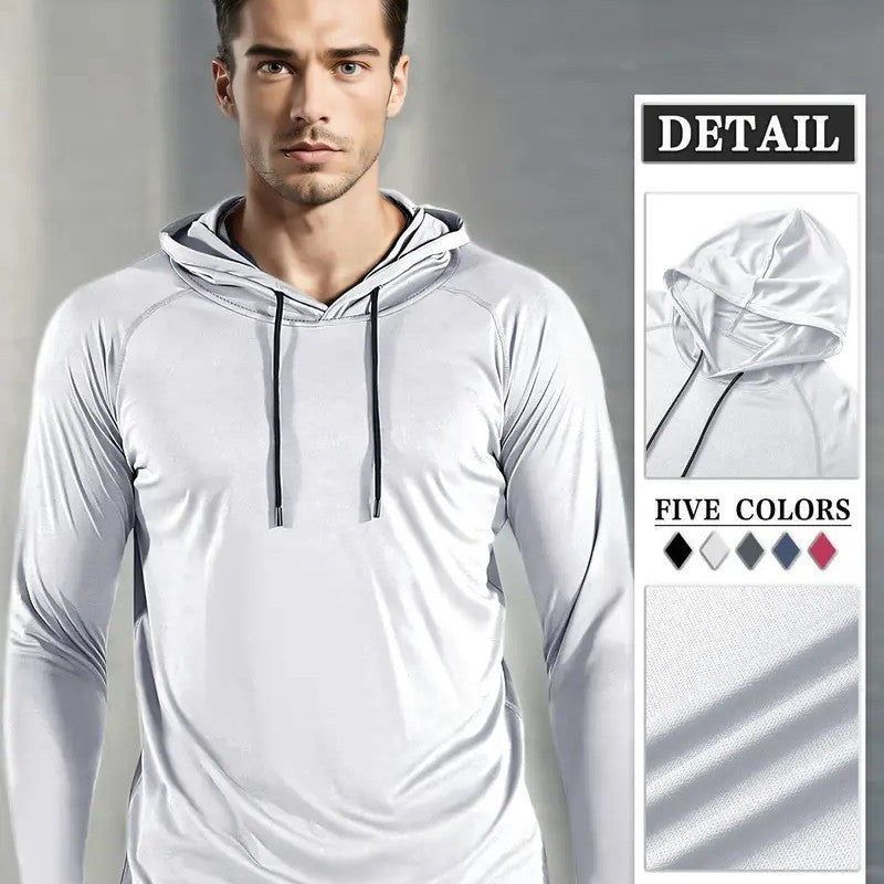 Men's Moisture-Wicking Long Sleeve Hooded Workout Top Solid Color Gym Fitness Shirt for Training Running and Outdoor Sports