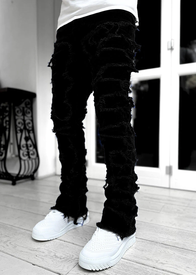 Light-Wash Distressed Straight-Cut Denim Pants