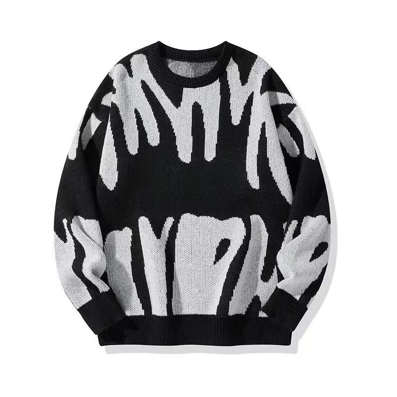 Men's Jacquard Knit Pullover Sweater - Loose Fit Crew Neck Long Sleeve - Black/White