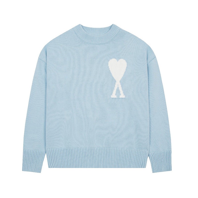 Men's round neck knit sweater with heart embroidery