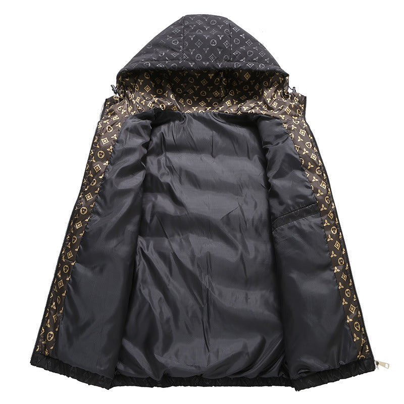 Black and Khaki Hooded Down Jacket with Floral Print